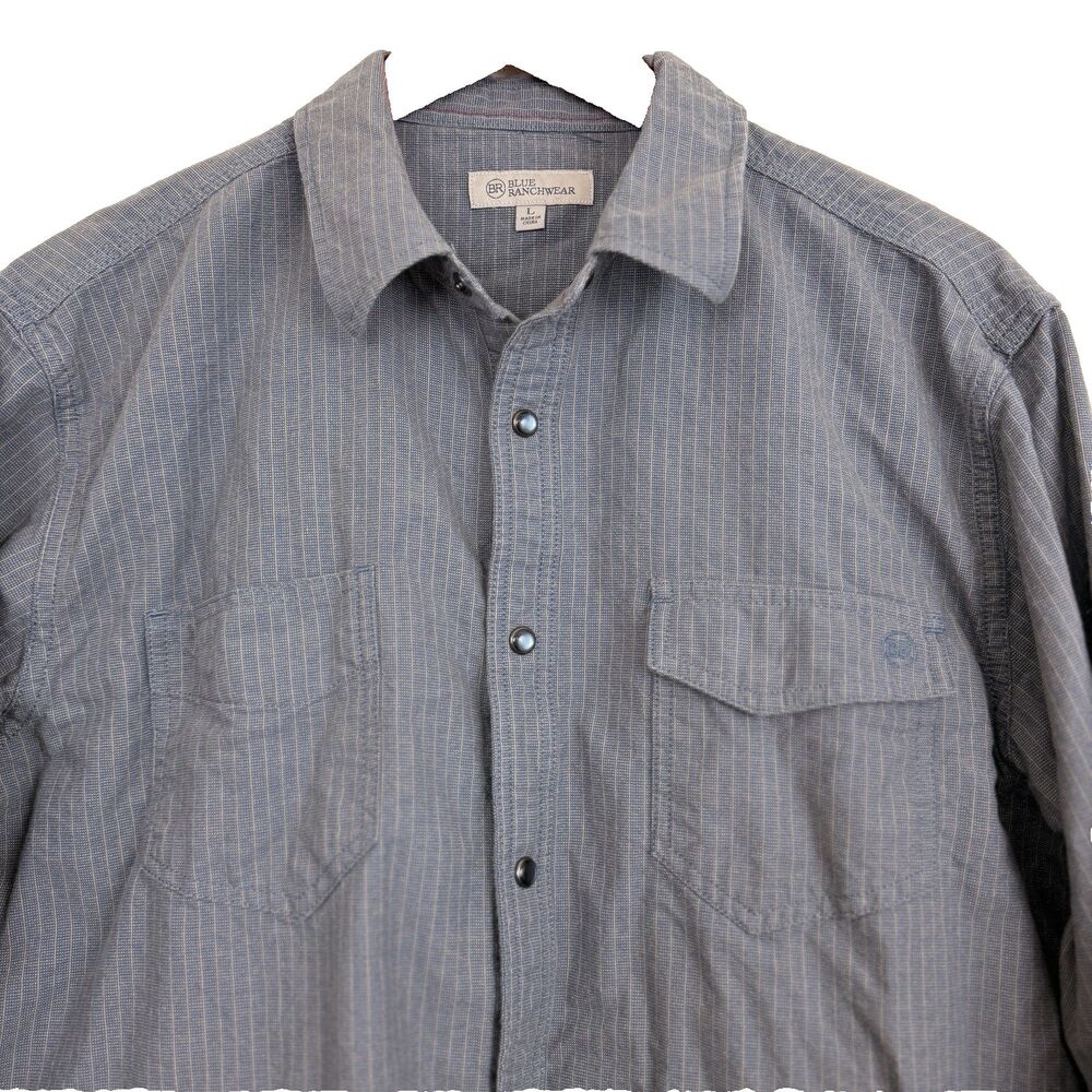 Blue Ranchwear Western Shirt Mens Large Blue Stripe Pearl Snap Cowboy Cotton